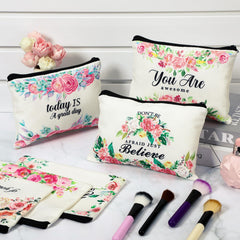 Pinkunn canvas makeup pouch in floral design, great for organizing brushes and pencils.