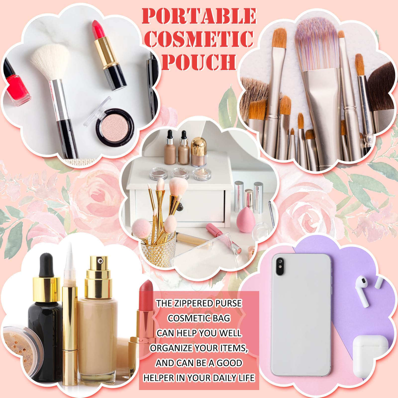 Pinkunn canvas tote-style pouch with floral print, perfect for cosmetics and keys.