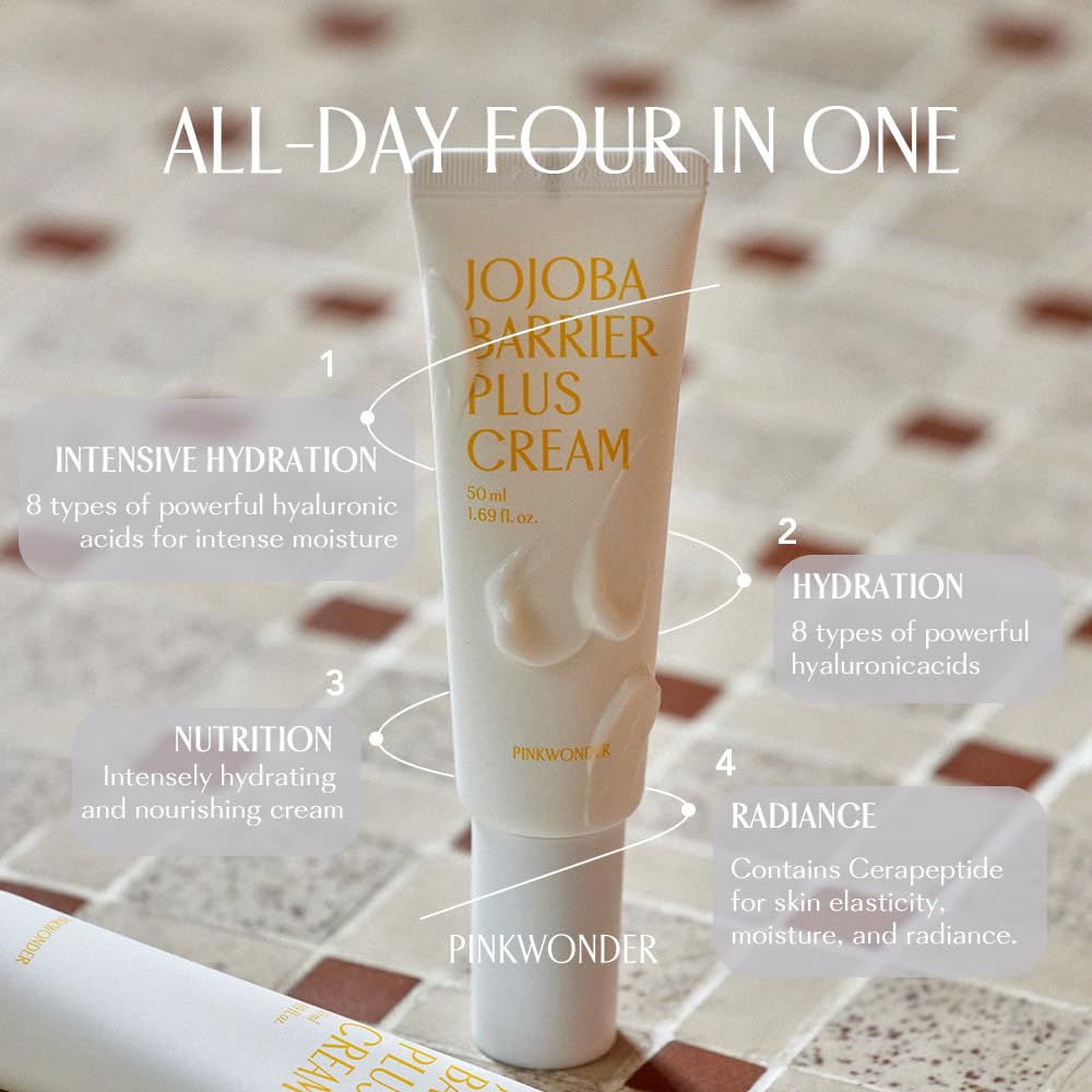 PINKWONDER Jojoba Barrier Plus Cream illustration of hyaluronic acid complex for deep hydration.