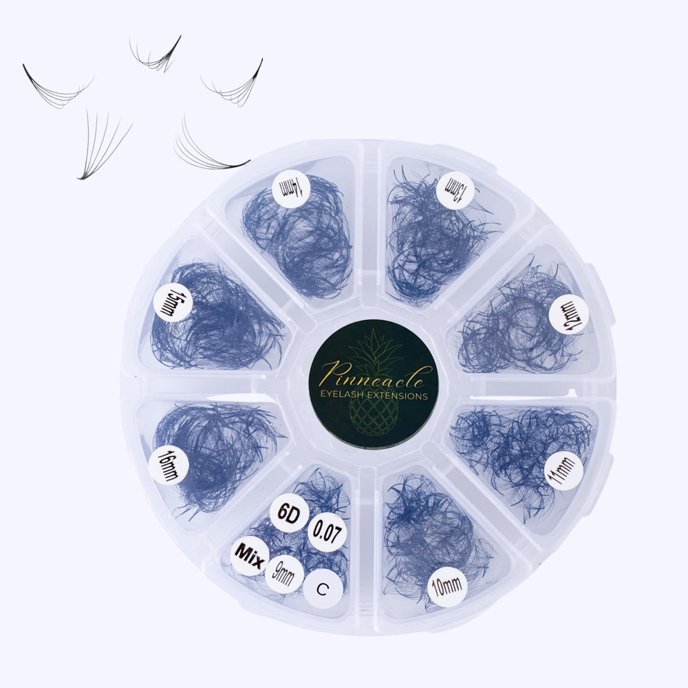 Pinneacle 6D premade fans in a round box, enabling faster, consistent lash sets.