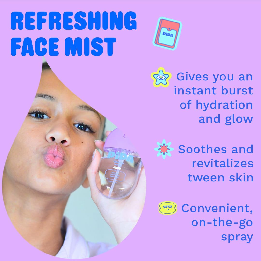 Pipa Glow Go facial mist spray in action refreshing sensitive skin.