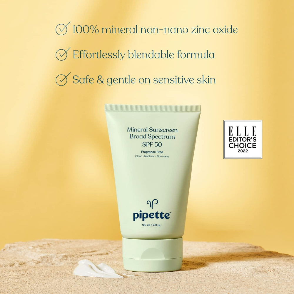 Pipette mineral sunscreen lotion bottle highlighting non-nano zinc for broad UVA/UVB protection