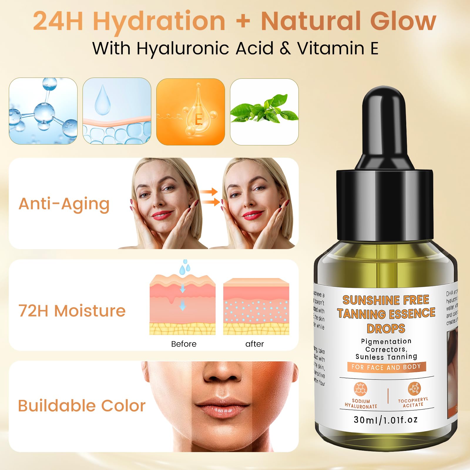 PIPIGE Sunless Tanning Drops droplet application demonstrates precise control for subtle to deep tans.