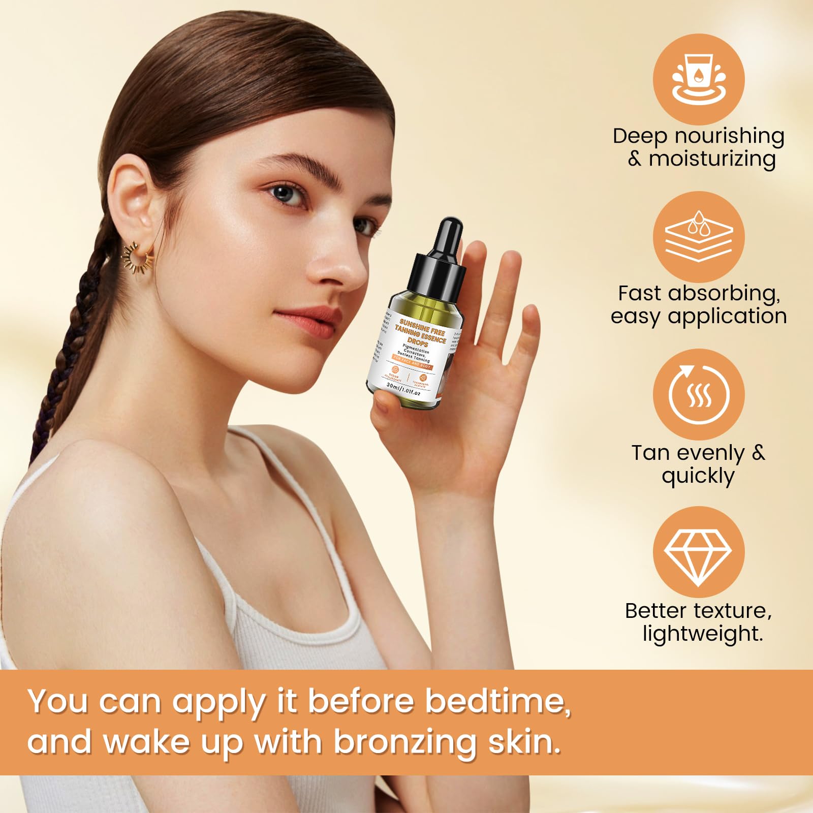 PIPIGE Sunless Tanning Drops with hyaluronic acid visual highlighting skin hydration benefits.