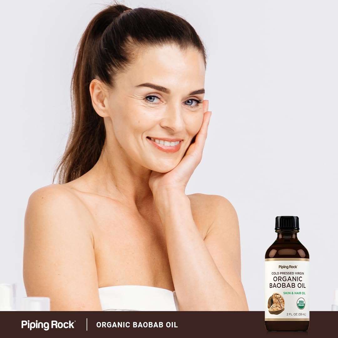 Piping Rock Baobab Oil packaging emphasizes organic and cold-pressed quality