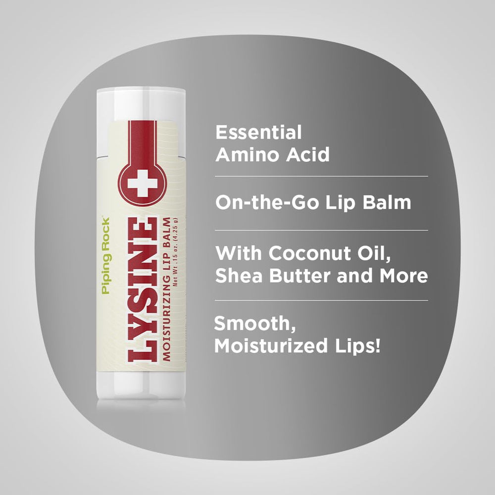 Piping Rock Lysine Lip Balm Stick ingredients feature coconut oil and shea butter for nourishment.