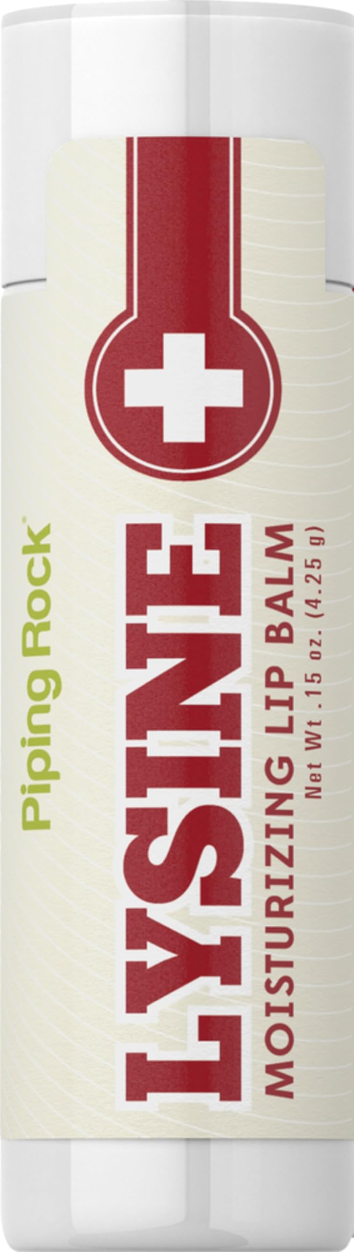 Piping Rock Lysine Lip Balm Stick packaging highlights non-GMO, gluten-free lip care on the go.