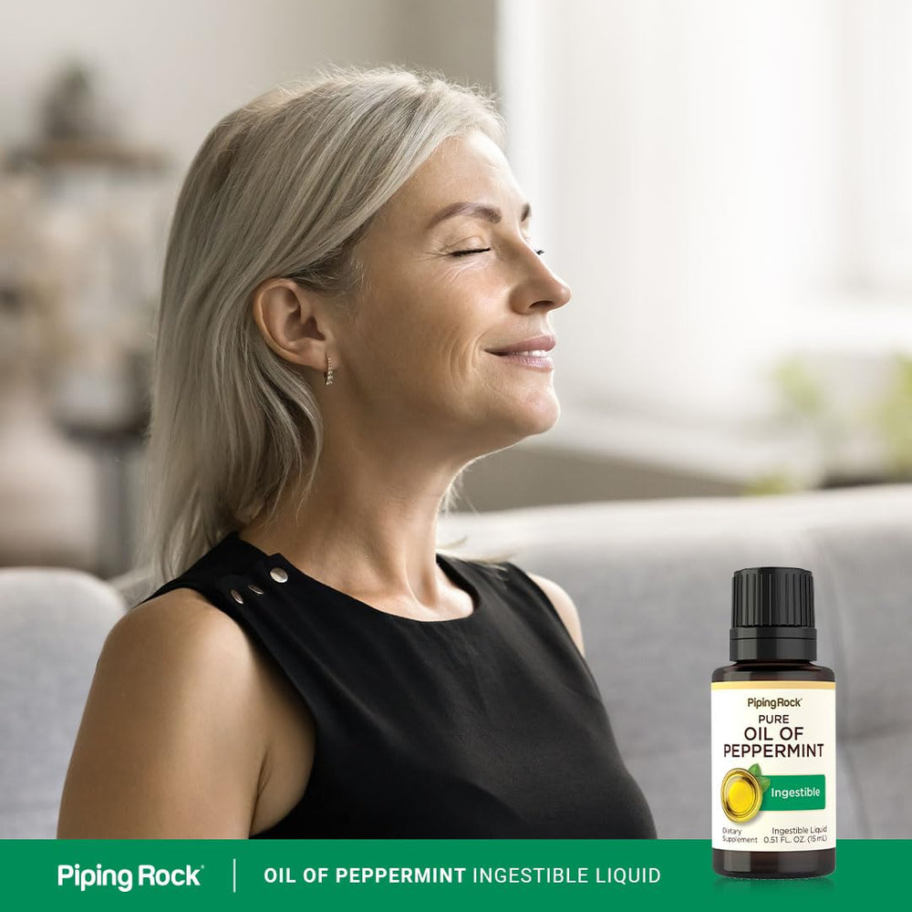 Piping Rock Peppermint Oil bottle beside ingredients noting non-GMO.