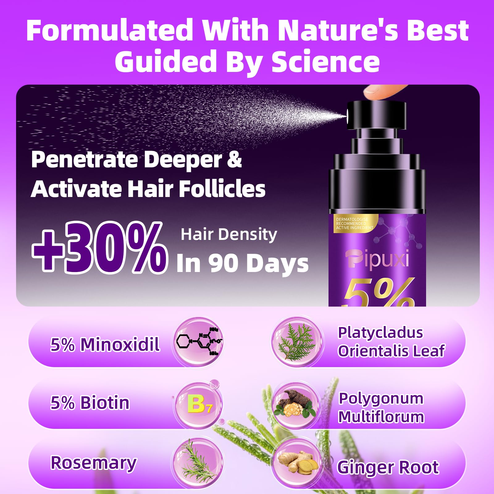 Pipuxi biotin rosemary serum bottle highlights nourishing formulation for roots.