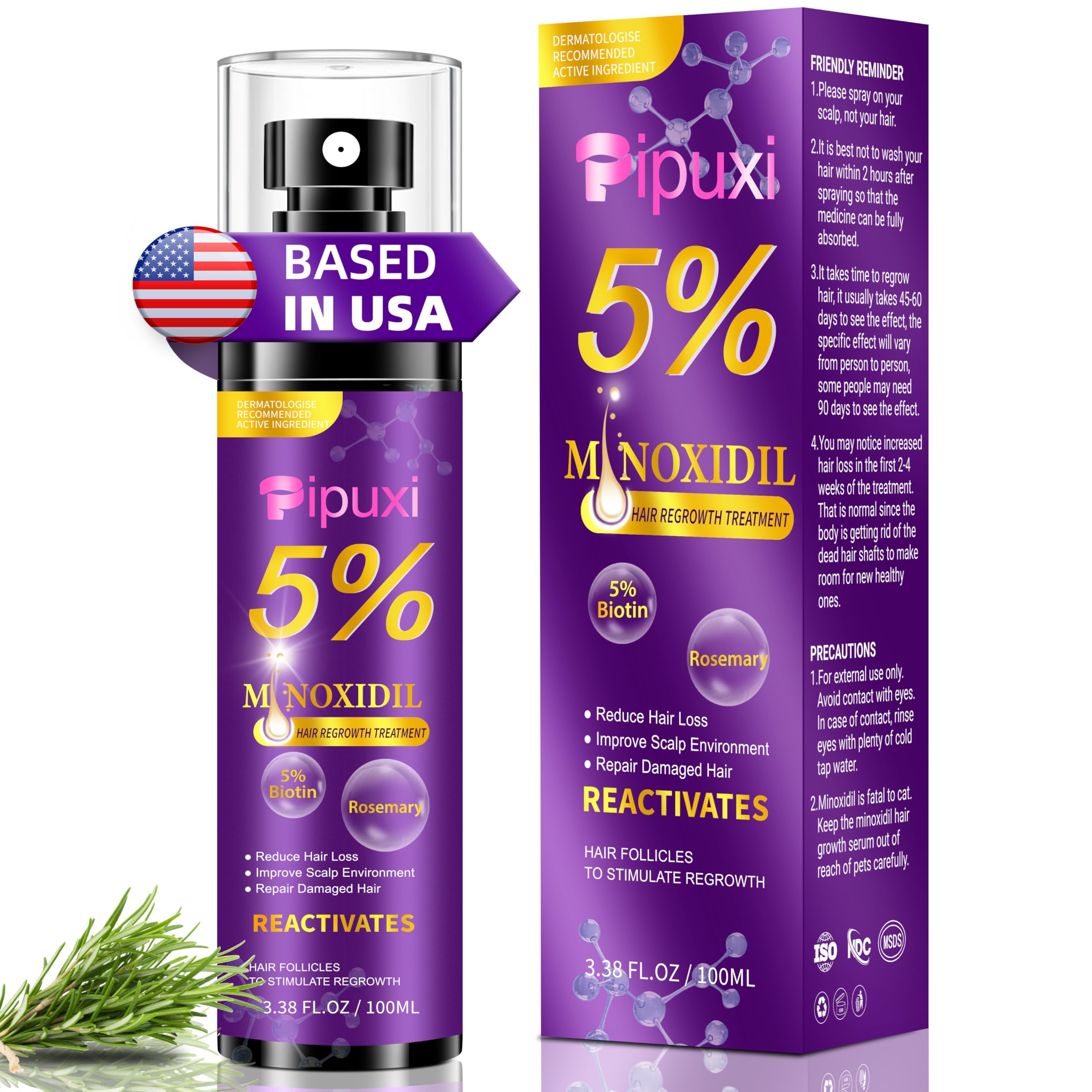 Pipuxi minoxidil 5% bottle pour demonstrates precise scalp application for thicker-looking hair.