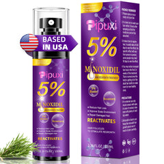 Pipuxi minoxidil 5% bottle pour demonstrates precise scalp application for thicker-looking hair.