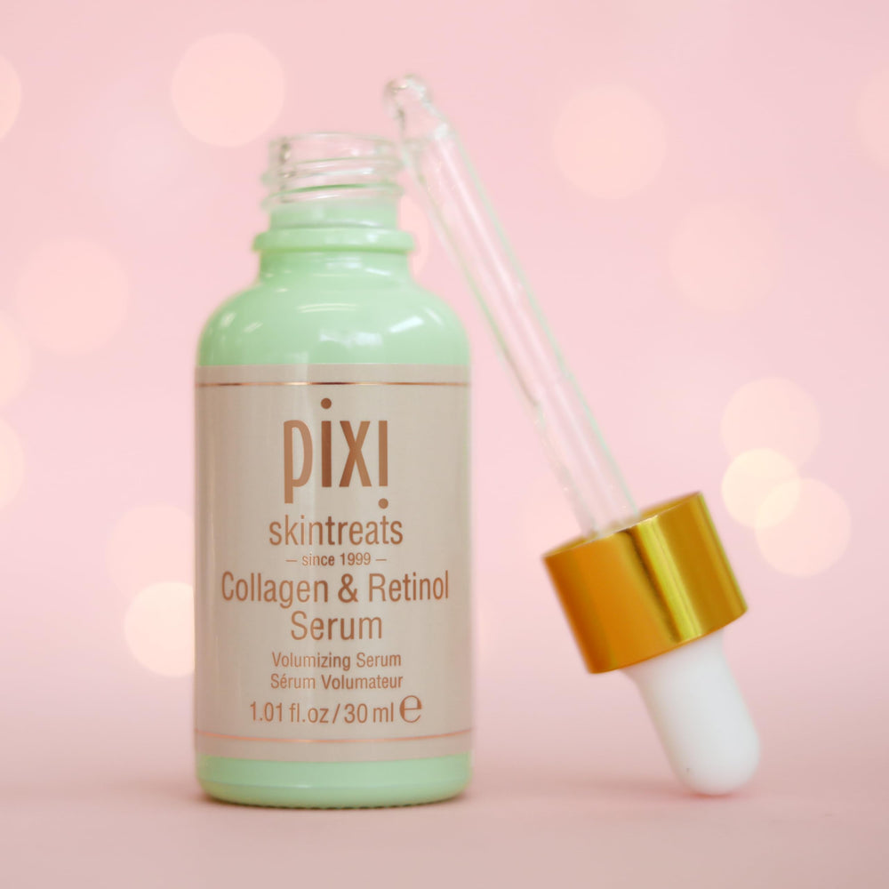Pixi Beauty serum drop dispenses, illustrating a 2-3 drop PM routine.