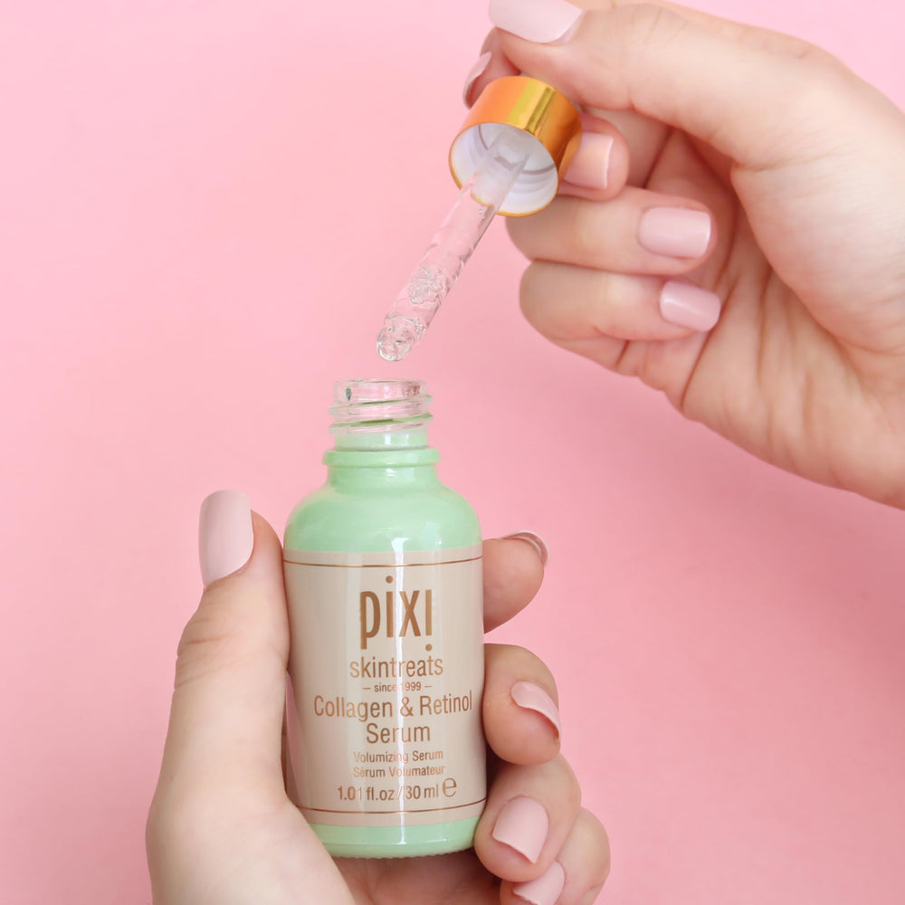 Pixi Beauty serum texture swirl highlighting Acacia Collagen for rejuvenation.