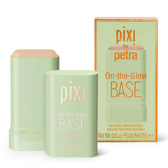 Pixi Beauty On-the-Glow Base beige medium tinted stick swatch showing buildable coverage and hydration.