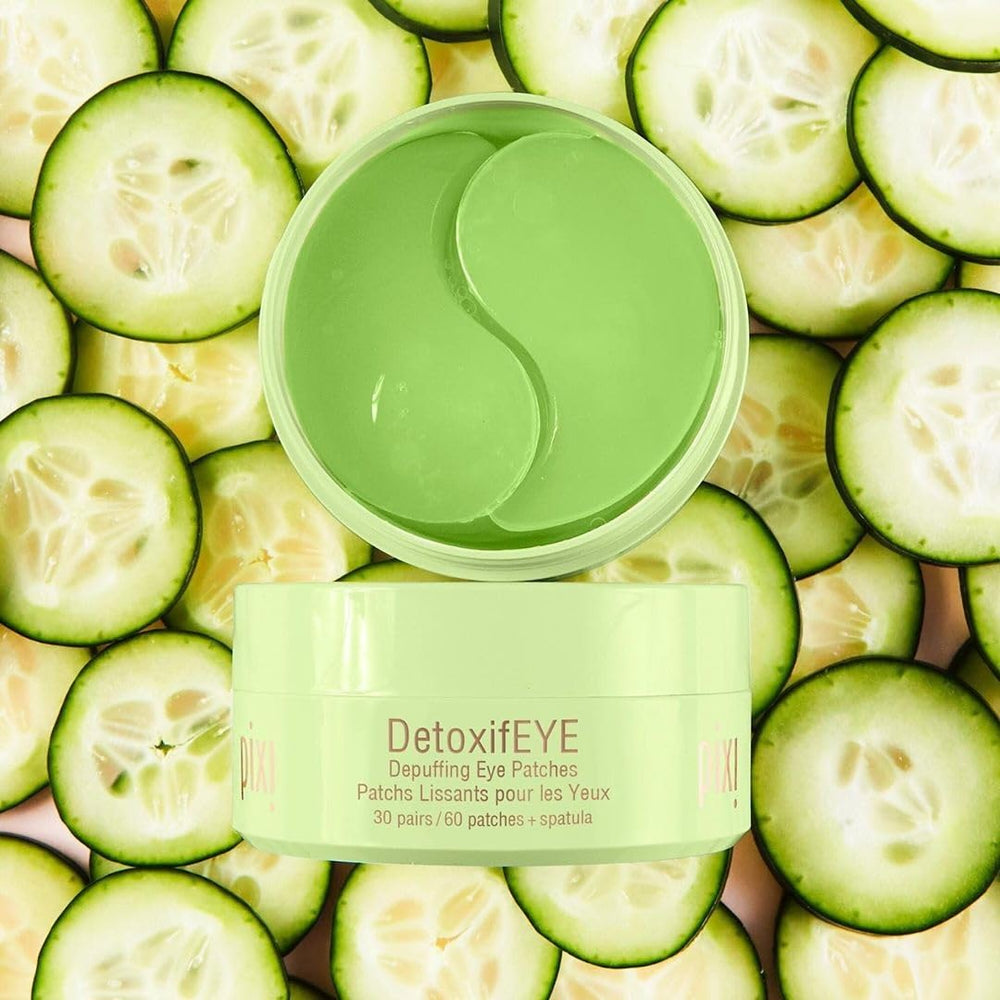 Pixi DetoxifEYE eye patches close-up highlighting cucumber, gold, and caffeine ingredients.