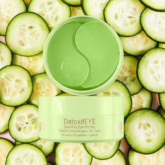 Pixi DetoxifEYE eye patches close-up highlighting cucumber, gold, and caffeine ingredients.