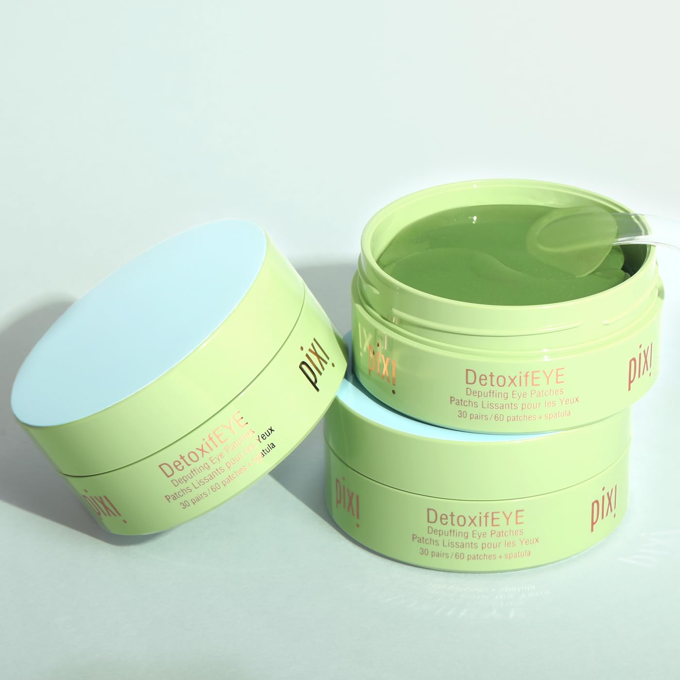 Pixi DetoxifEYE patches placed under the eye on skin for a refreshed look.