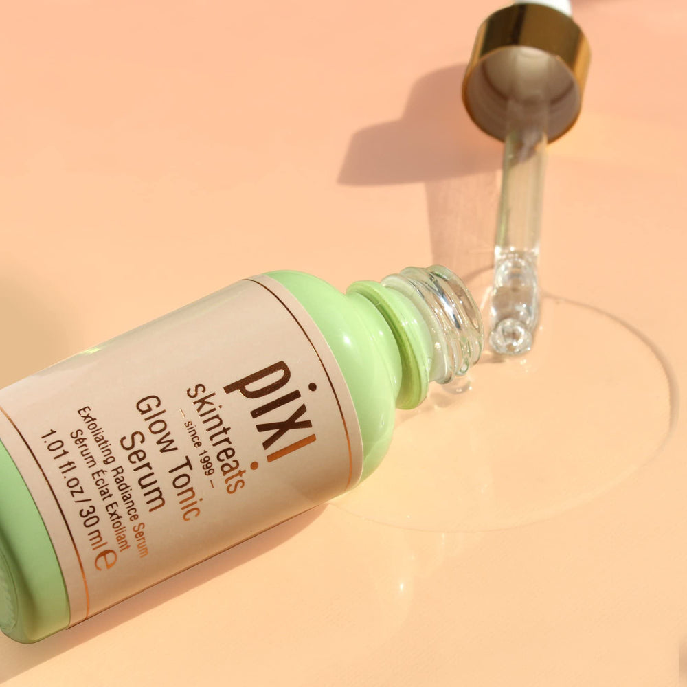 Pixi Glow Tonic Serum label on packaging highlights glycolic and soothing ingredients