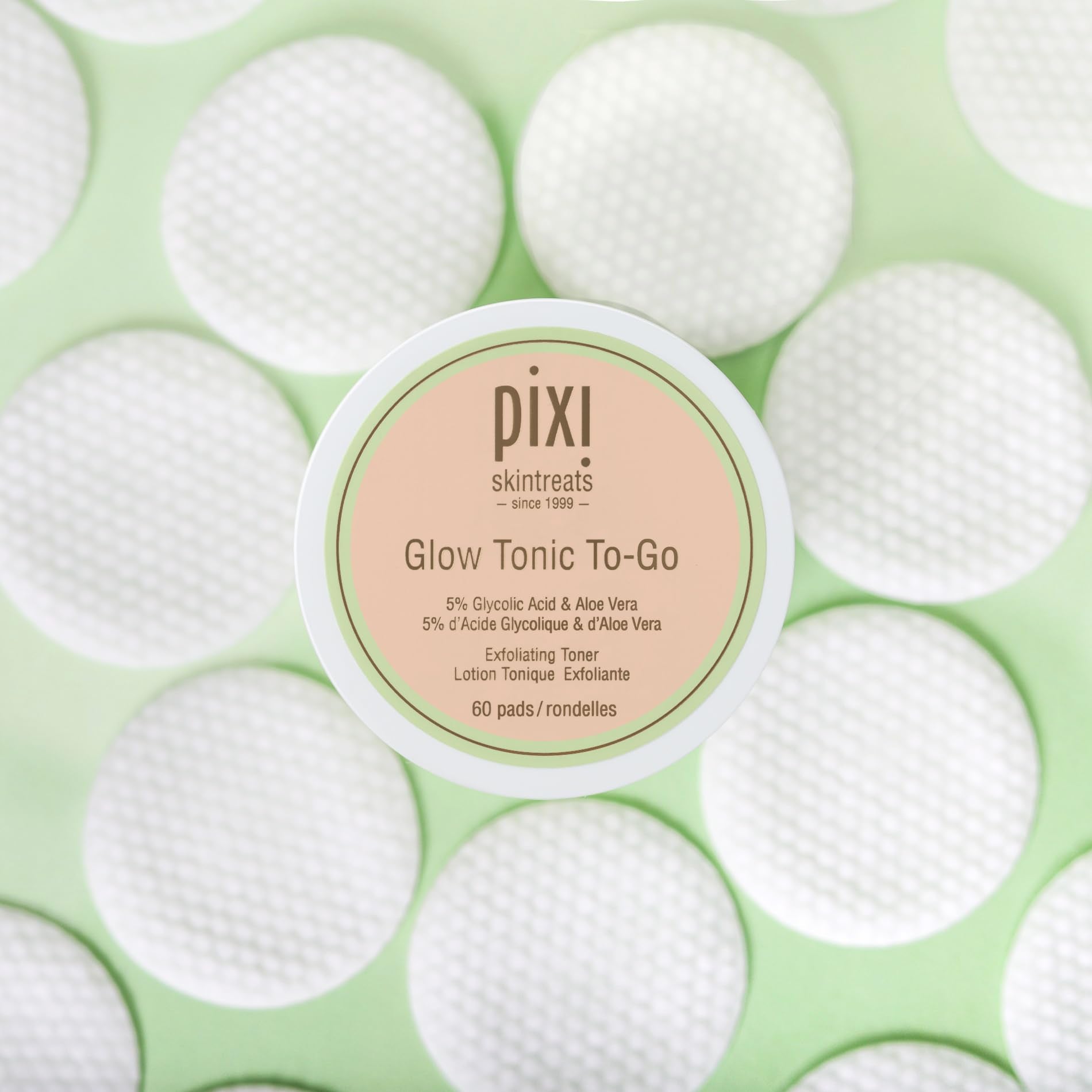 Pixi Glow Tonic to-Go bottle front emphasizes glycolic exfoliant for daily use