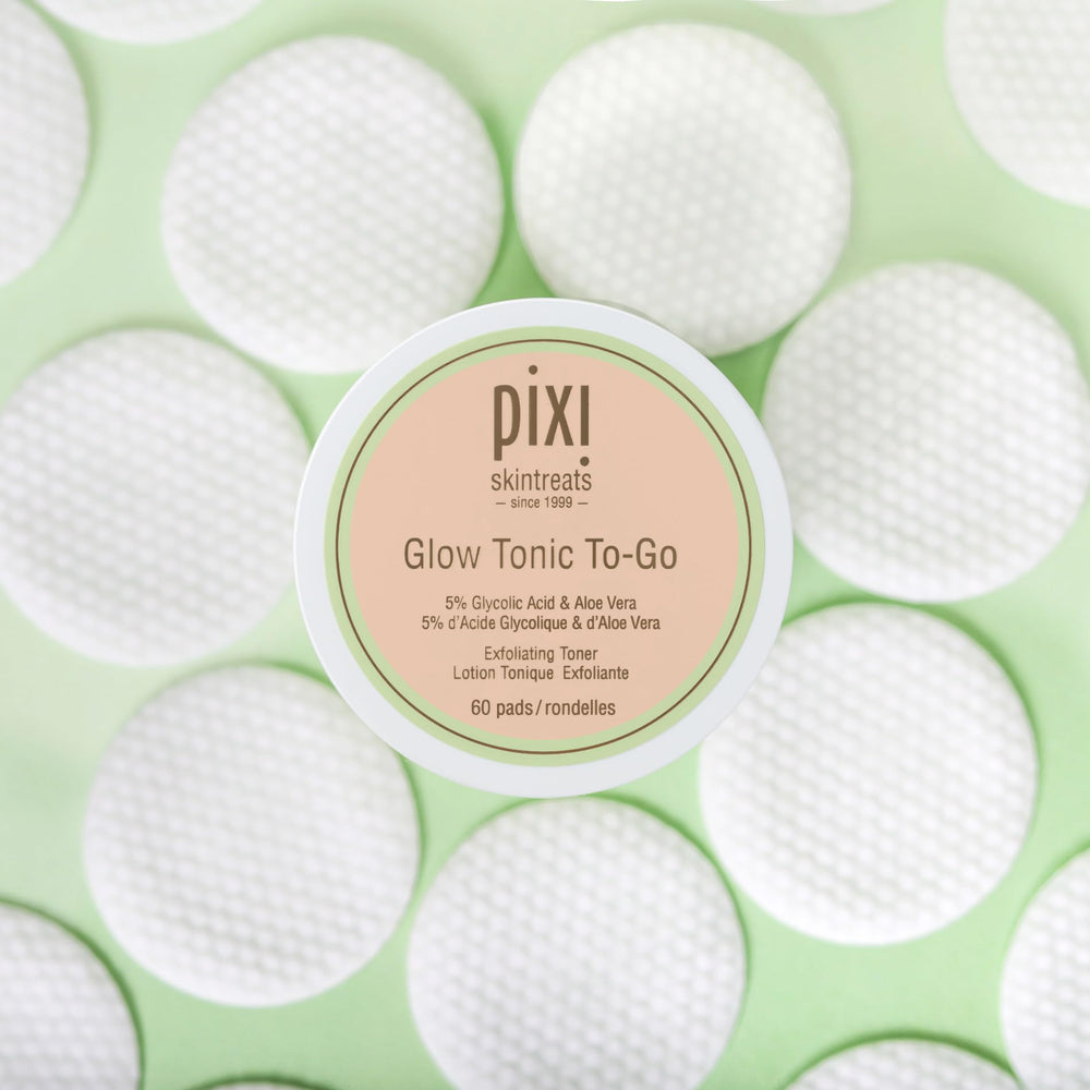 Pixi Glow Tonic to-Go bottle front emphasizes glycolic exfoliant for daily use