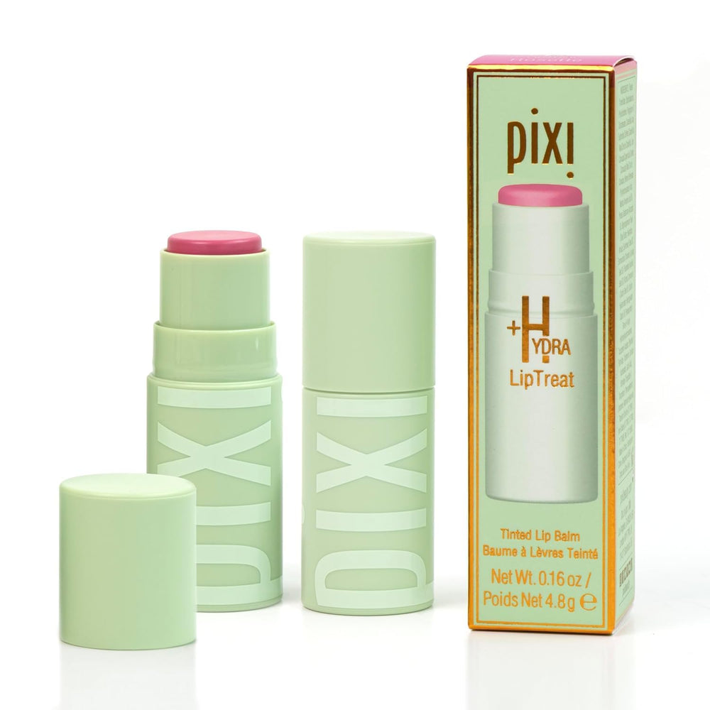 Pixi Hydra LipTreat Rosette application shows tinted hydration for lips.