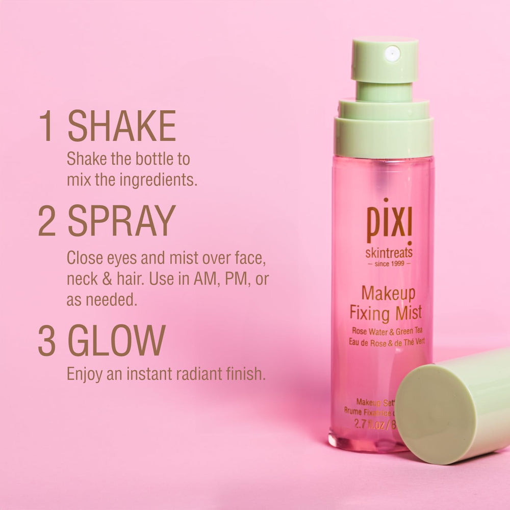 Pixi Makeup Fixing Mist green tea infusion close-up shows antioxidant-rich formula