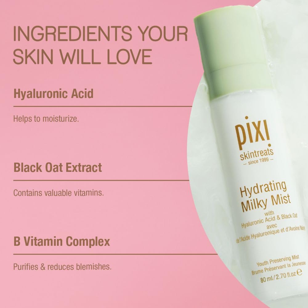 Hands apply Pixi Milky Mist to neck for moisture.