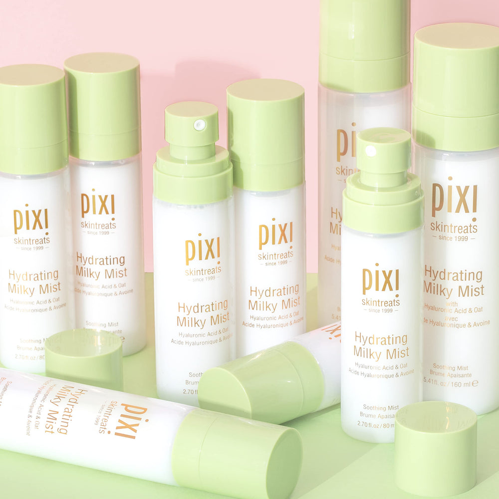 Pixi Milky Mist label highlights Hyaluronic Acid and Black Oat Extract.