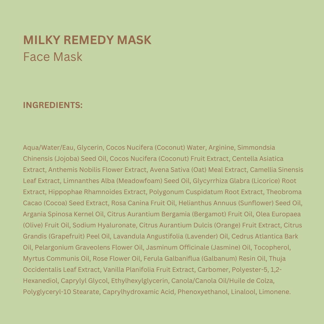 Pixi Milky Remedy Mask back label highlights paraben-free and cruelty-free claims
