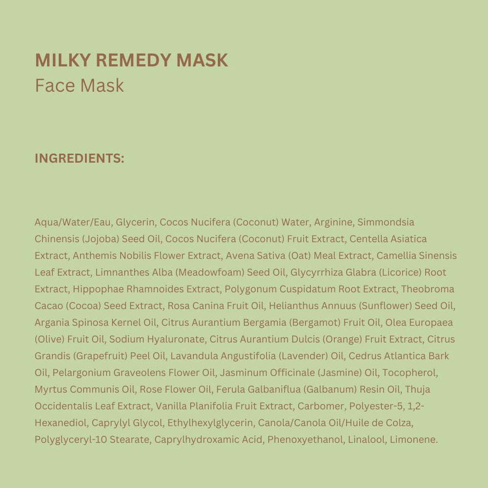 Pixi Milky Remedy Mask back label highlights paraben-free and cruelty-free claims