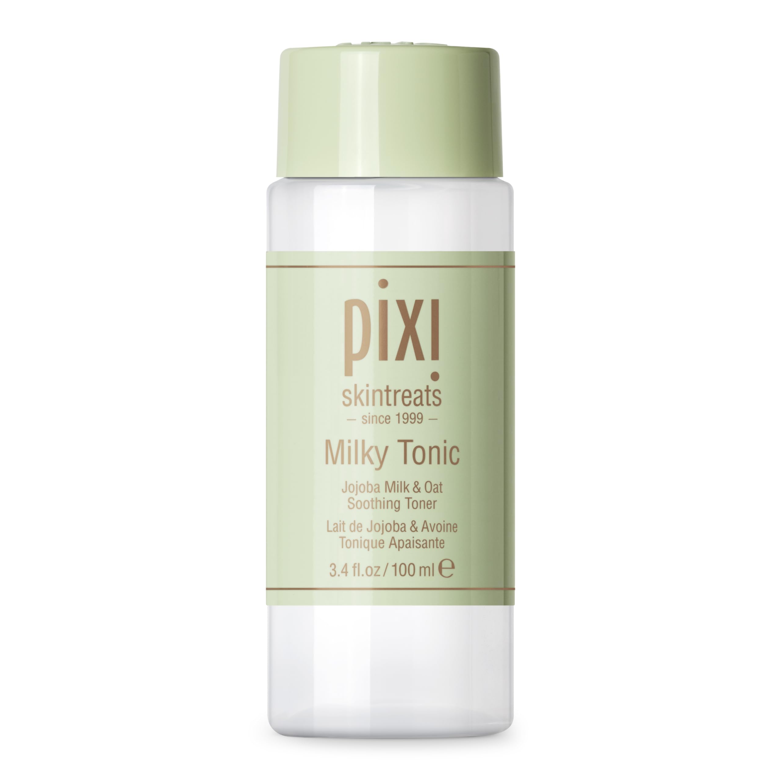 Pixi Milky Tonic bottle close-up for calming, hydrating skin after cleansing.