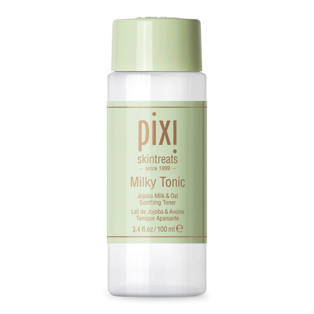 Pixi Milky Tonic bottle close-up for calming, hydrating skin after cleansing.
