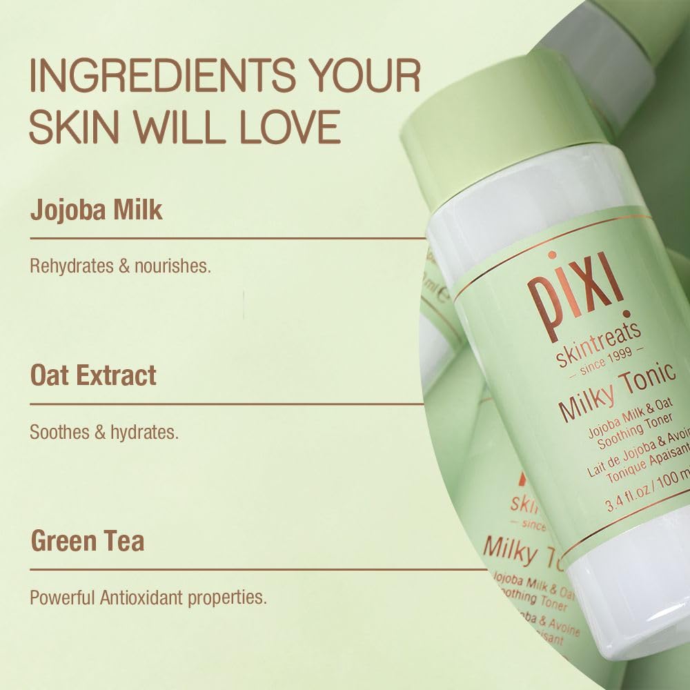Pixi Milky Tonic bottle pour shot shows clean, alcohol-free formula.