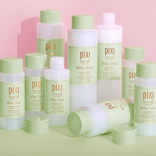Pixi Milky Tonic bottle on vanity with moisturizer nearby.