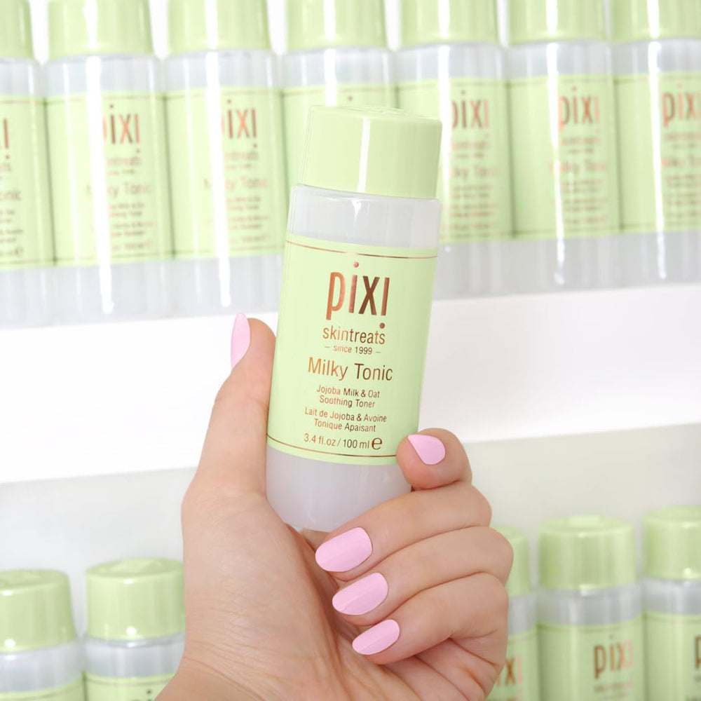 Pixi Milky Tonic packaging and cruelty-free branding on display.