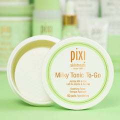 Pixi Milky Tonic to-Go pads close-up highlighting pre-soaked, alcohol-free hydration.