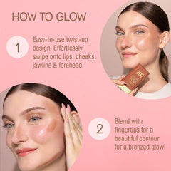 Lips and cheeks receive a subtle glossy tint with BeachGlow
