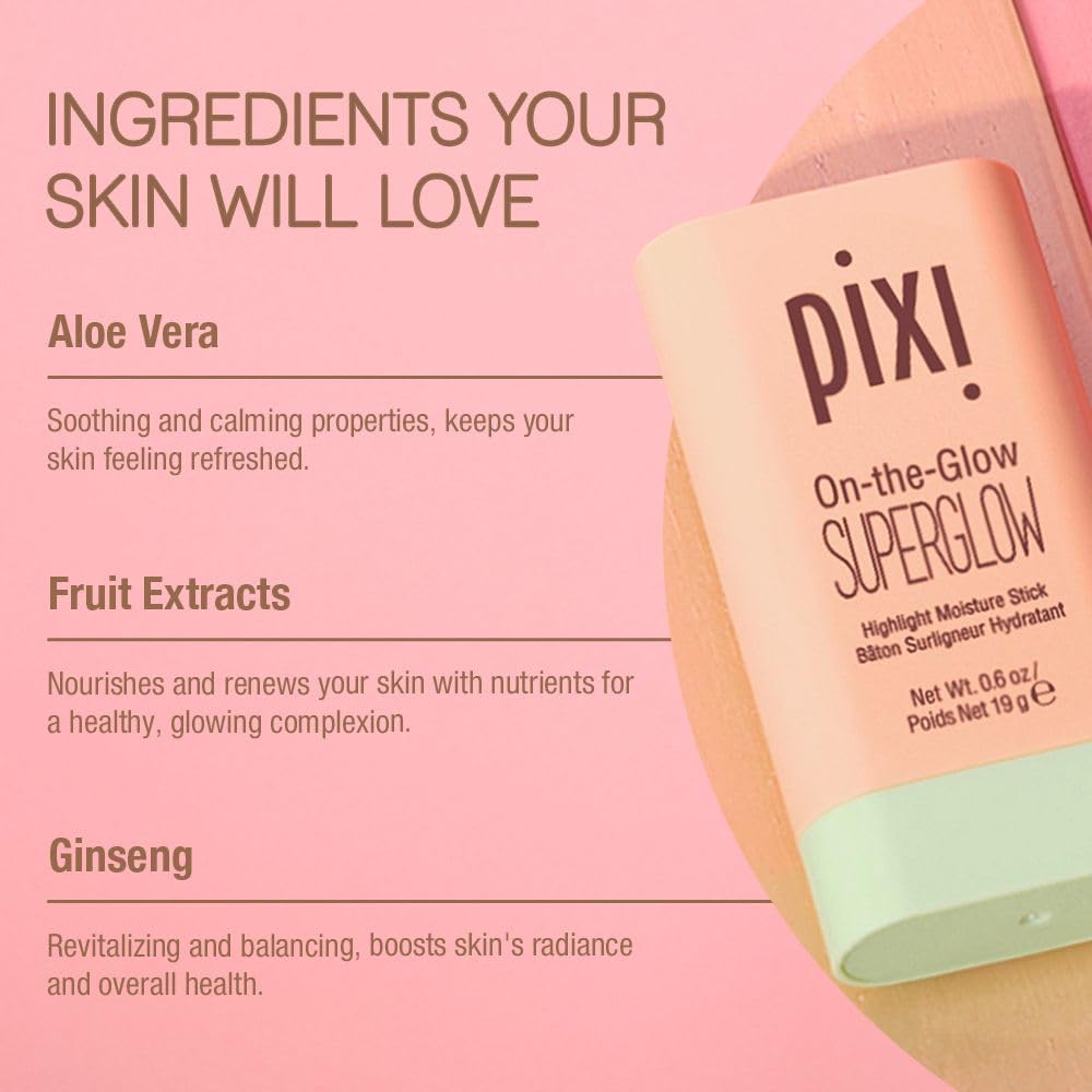 Pixi On-the-Glow SuperGlow creamy texture enhances cheek glow.