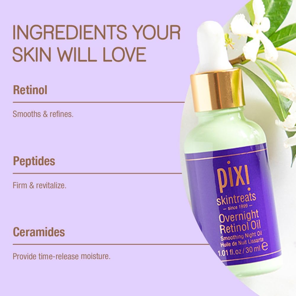 Pixi Beauty Overnight Retinol Oil night-routine scene conveys a calming, spa-like experience.