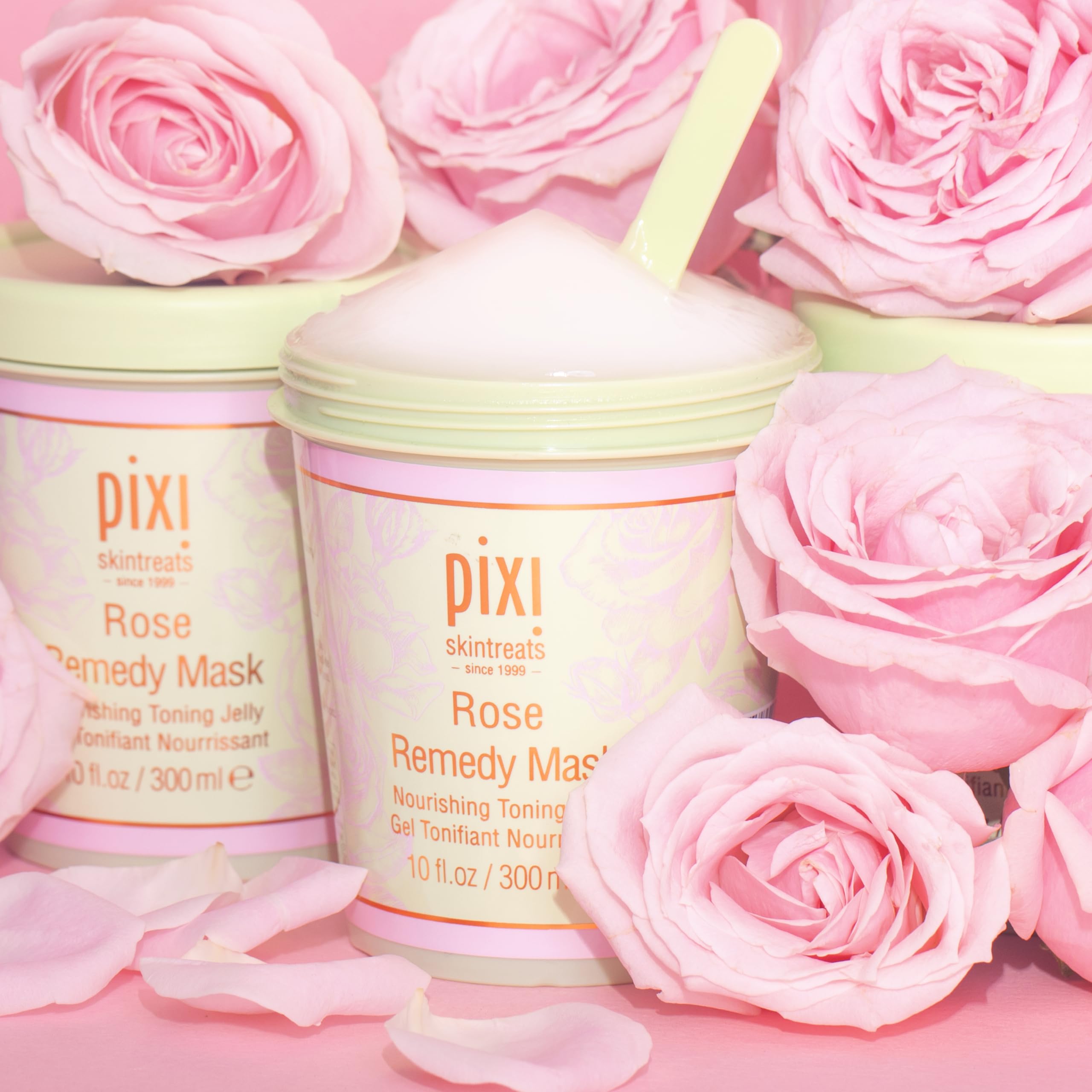 Pixi Rose Remedy Mask rosehip oil droplets hint at nourishing hydration.