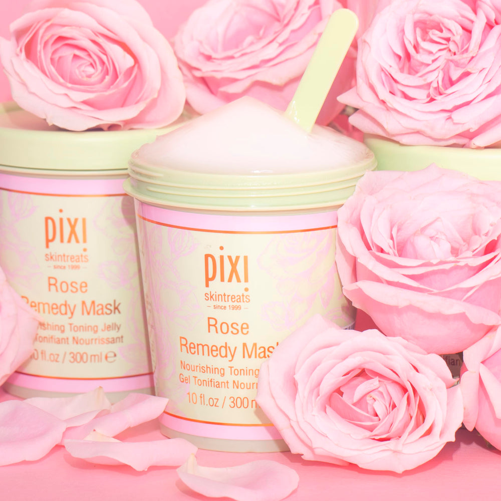 Pixi Rose Remedy Mask rosehip oil droplets hint at nourishing hydration.