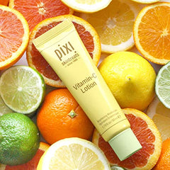 Pixi Vitamin-C Lotion bottle close-up showing smooth texture and hydration