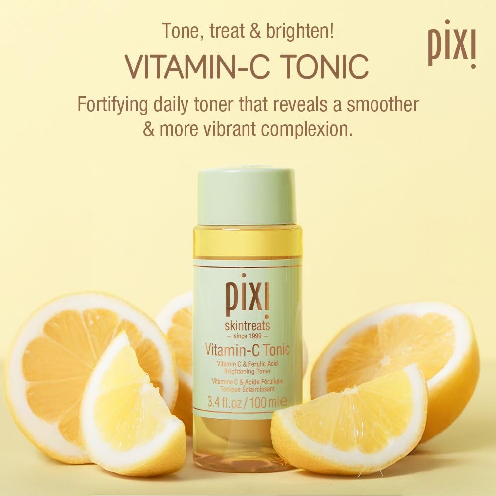 Pixi Vitamin-C Tonic bottle pour showing easy, alcohol-free hydration.