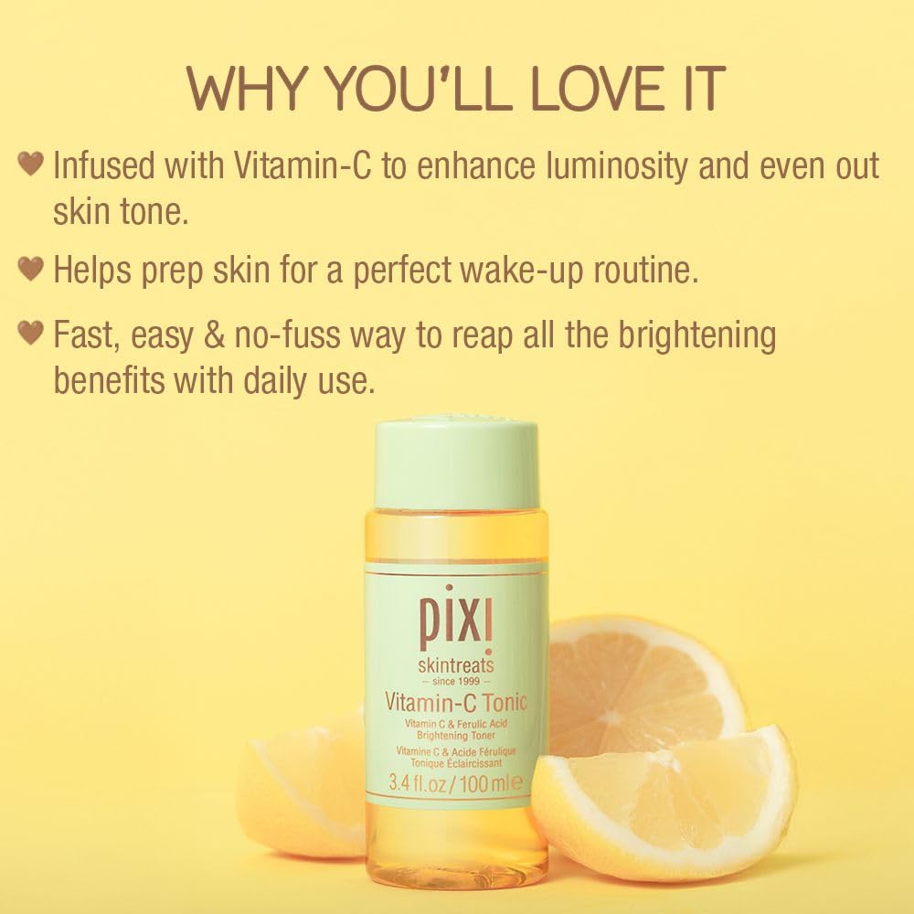 Pixi Vitamin-C Tonic ingredients panel highlighting citrus extracts and probiotics.