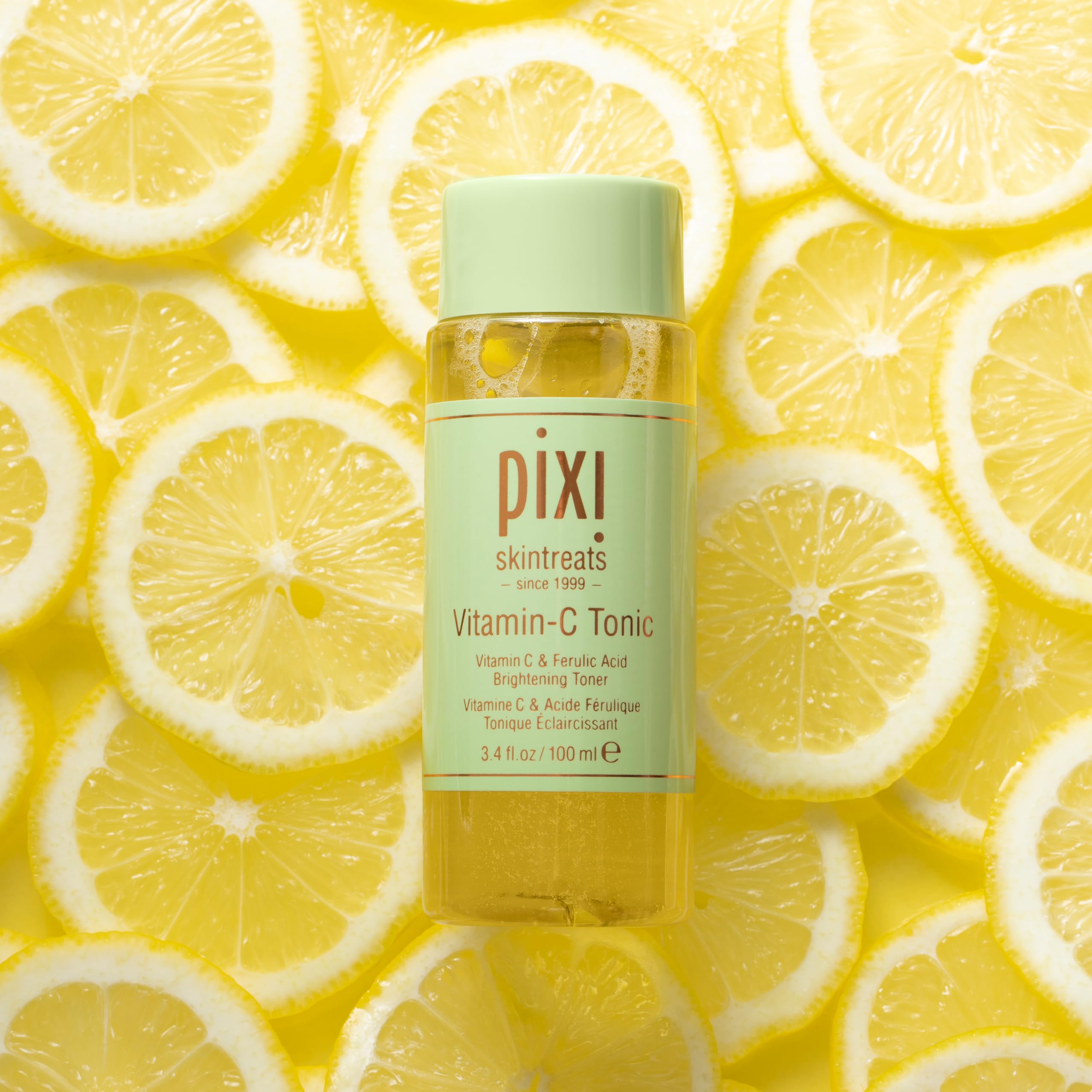 Pixi Vitamin-C Tonic packaging close-up emphasizing clean, cruelty-free design.
