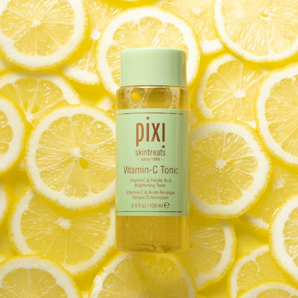 Pixi Vitamin-C Tonic packaging close-up emphasizing clean, cruelty-free design.