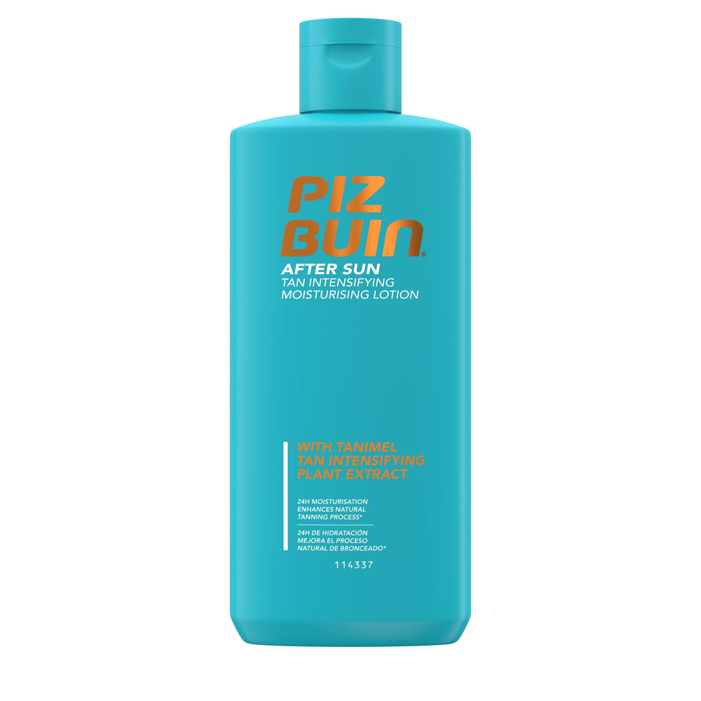 Piz Buin After Sun Tan Intensifying Lotion bottle promotes post-sun hydration.