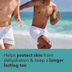 Piz Buin After Sun Tan Intensifying Lotion texture close-up, travel-friendly packaging.
