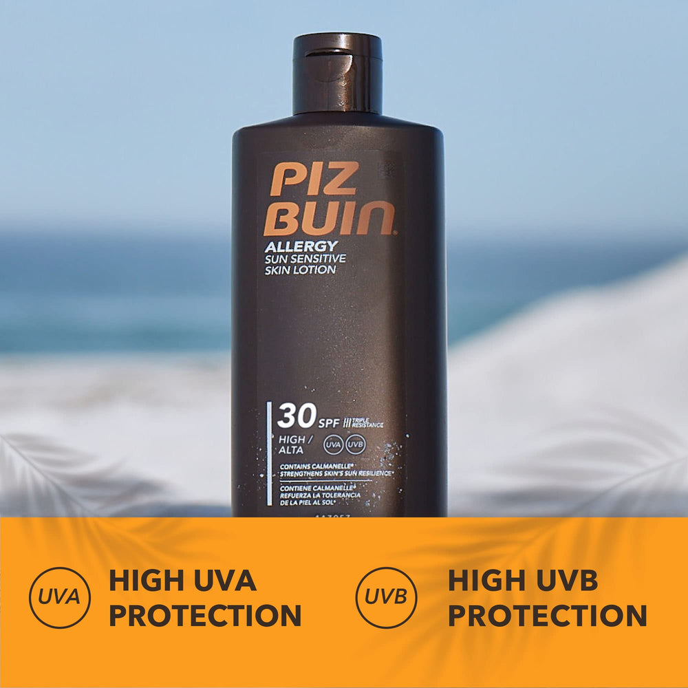 Piz Buin Allergy SPF50+ label featuring FEVERFEW antioxidant