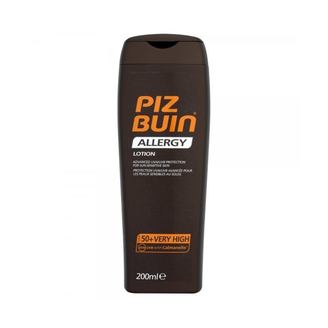 Piz Buin Allergy Lotion SPF50+ closeup on label, emphasizing broad SPF.